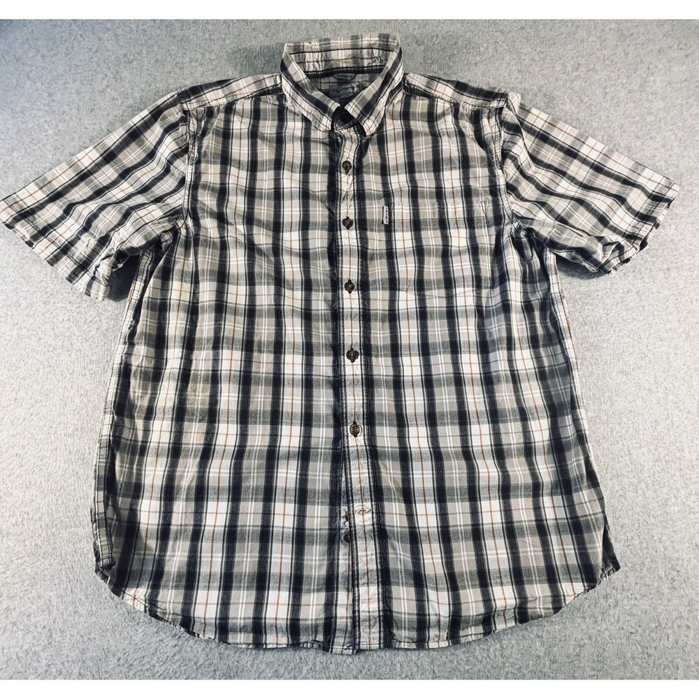 Carhartt Mens Large Relaxed Fit Plaid Short Sleeve Button Up Shirt Gray Black